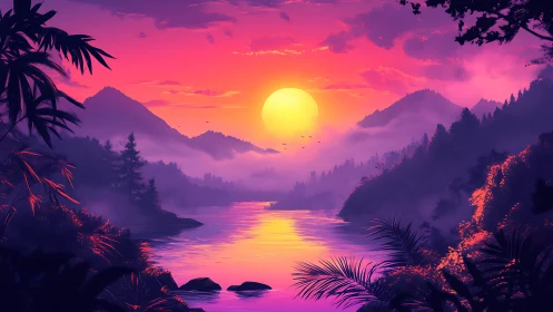 Sunset over misted river valley with silhouetted hills.