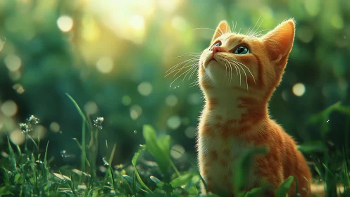 Ginger kitten studies glowing bokeh in sunlit meadow.