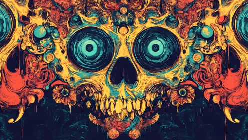 Psychedelic skull dissolves into swirling floral chaos