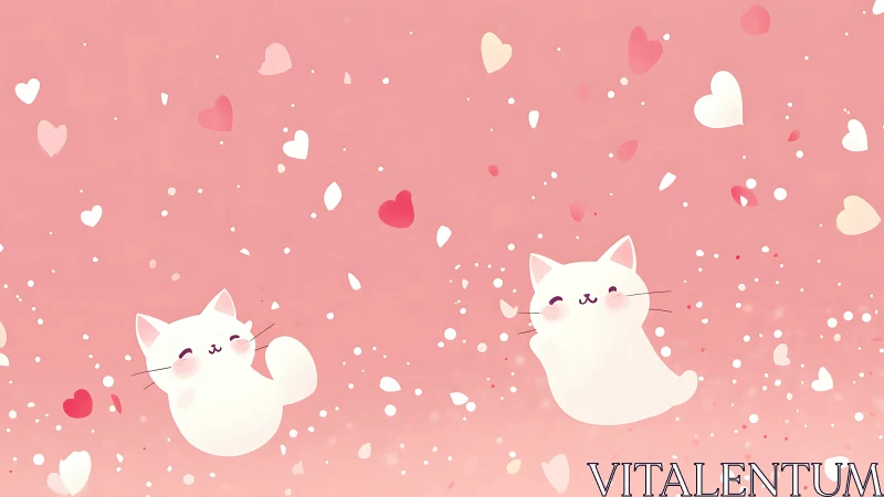 Cute Cats Sharing Love Among Floating Hearts.