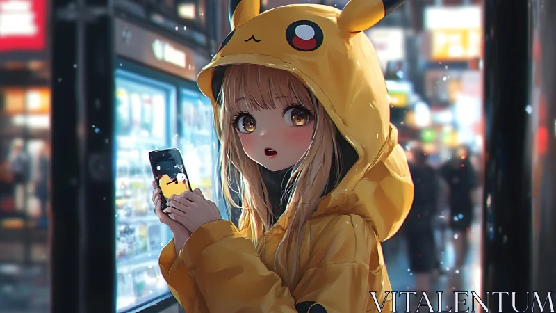 Girl in yellow character hoodie using phone at night street.