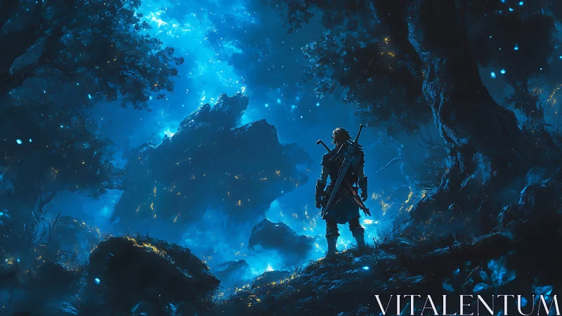 Lone swordsman surveys bioluminescent forest abyss at night.