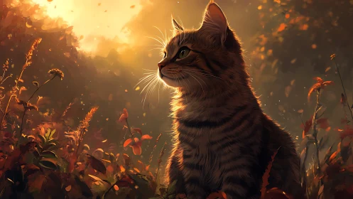 Feline Portrait in Autumnal Landscape at Golden Hour
