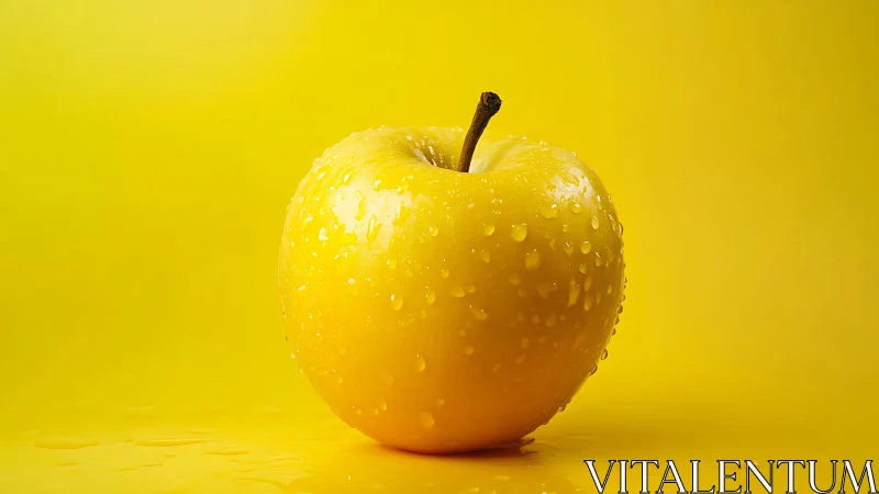 Single yellow apple with water droplets on uniform backdrop