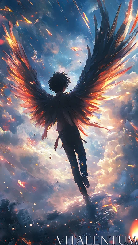 Backlit winged figure ascends through burning, iridescent clouds