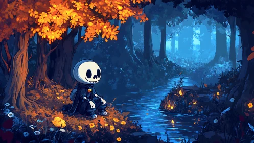 Skeleton child in cloaked attire beside bioluminescent forest creek