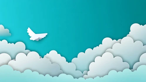 Paper dove quietly sails above layered storybook clouds