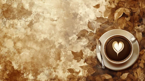 Coffee cup with latte art on weathered surface.
