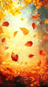Golden autumn leaves in luminous swirling motion.