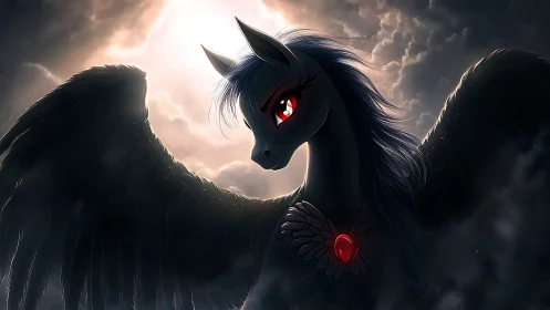 Dark alicorn silhouette with glowing red amulet amid stormclouds.