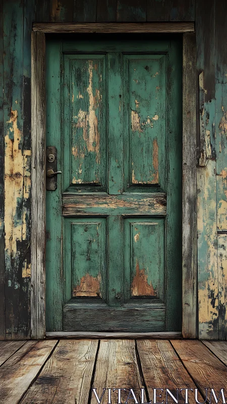 Weatherworn teal door whispering stories in peeling paint.