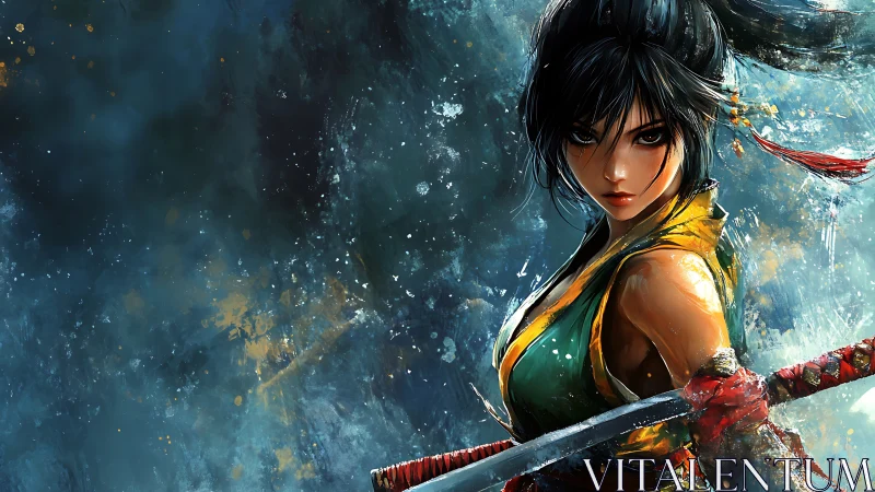 Female swordswoman portrait in dynamic digital artwork.