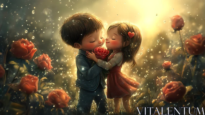Boy and Girl Sharing a Rose in Golden Bloom.