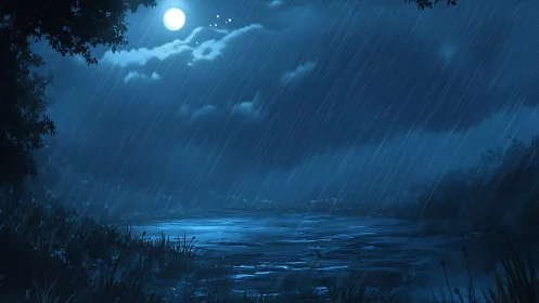 Moonlit rainfall illuminates a calm lake under dense clouds