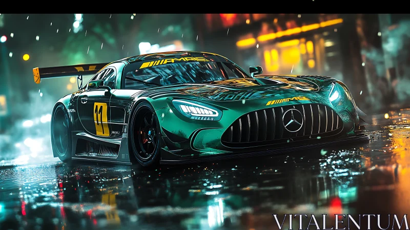 Rain-slicked Mercedes racer prowls through neon stormlight.