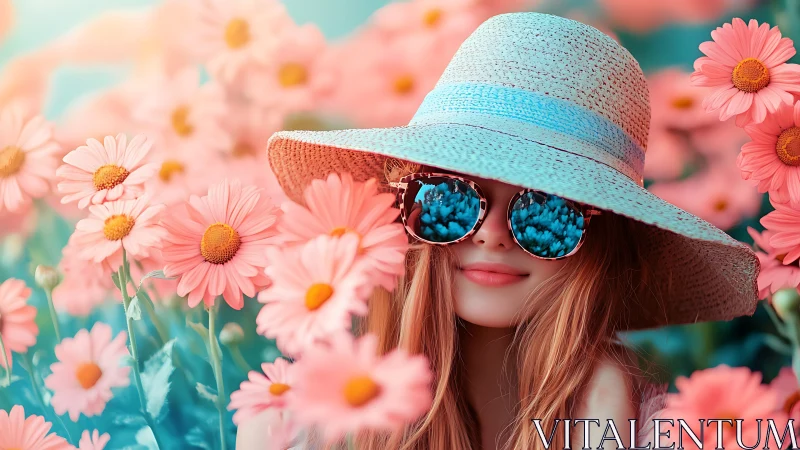 Figure with Straw Hat and Sunglasses Among Pink Daisies.