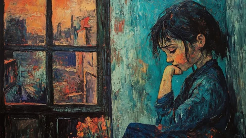 Melancholic girl in impasto interior contrasts warm city glow