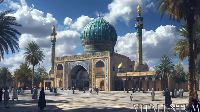 Sunlit Islamic mosque courtyard glows under dramatic skies