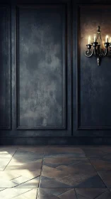Moody paneled wall with single vintage candle sconce glow.