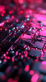 Granular neon circuitry matrix under shallow DOF illumination.