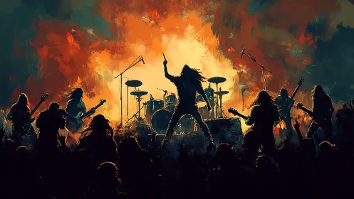 Rock band on stage with crowd silhouettes and fiery backdrop.