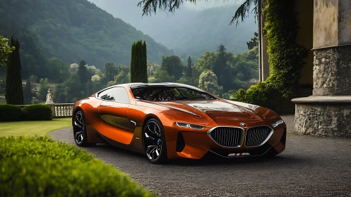 Sculpted orange BMW concept car in lush lakeside estate.