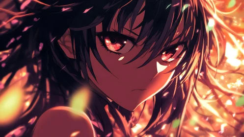 Ember-lit anime girl with fierce glowing eyes at dusk.