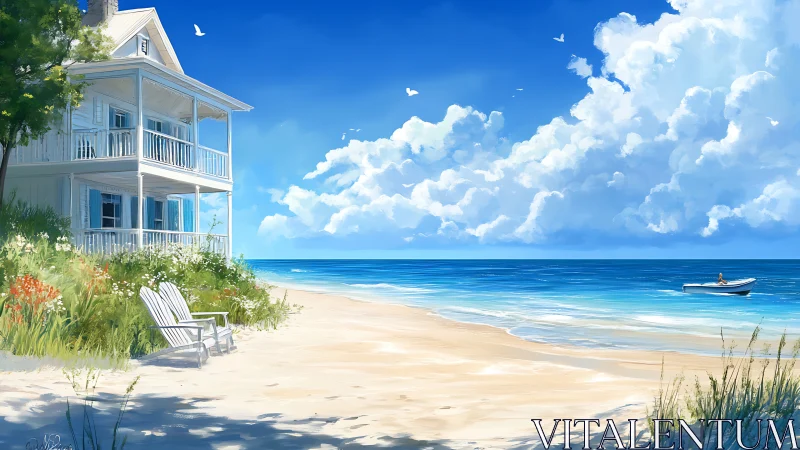 Coastal Beach House Rendering With Volumetric Cloud Formations Above Pristine Sandy Shoreline