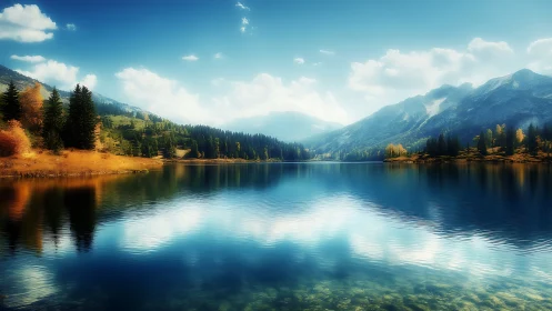 Sunlit alpine lake reflects serene mountains and autumn pines