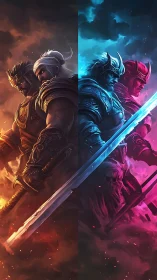 Clashing fantasy warriors stand divided by fire and storm