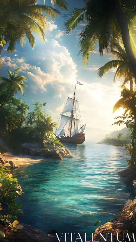 Historical sailing vessel navigating tropical waterway with volumetric atmospheric rendering