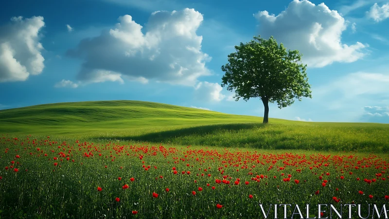 Solitary tree anchors sunlit meadow with red poppy foreground