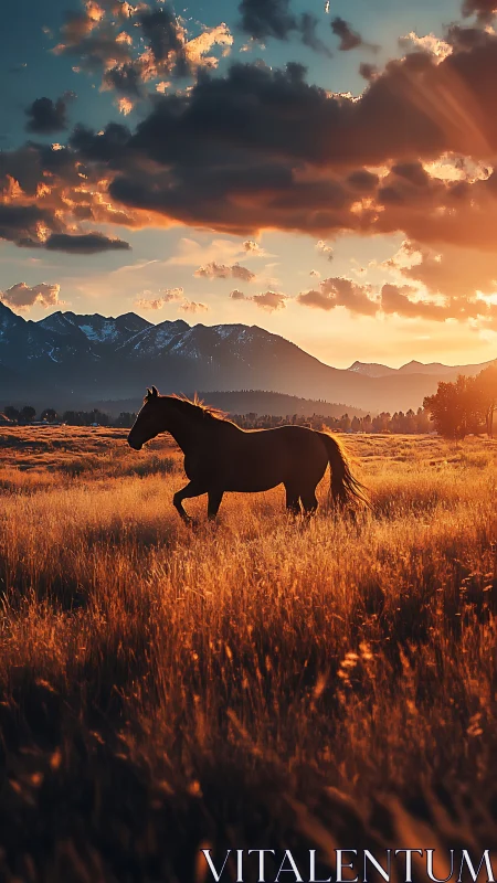 Horse strides through backlit grassland at sunset