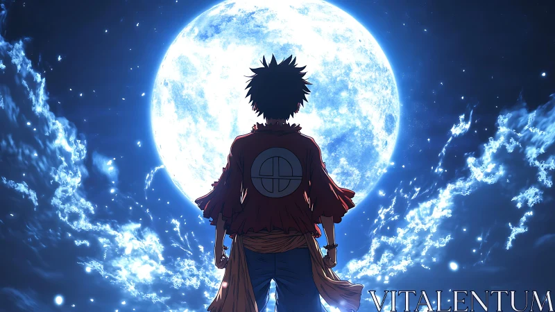 Lone anime wanderer confronts a glowing full moon sky