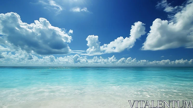 Calm turquoise sea under wide sky with bright cumulus clouds.