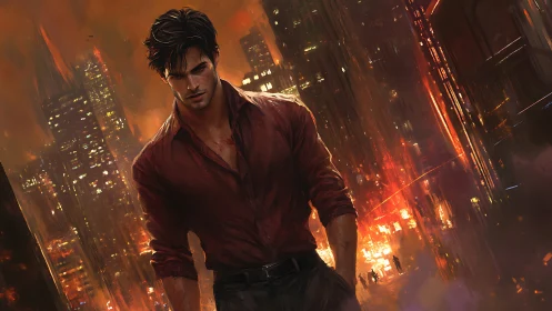 Brooding hero walks through a city glowing with firelit dusk.
