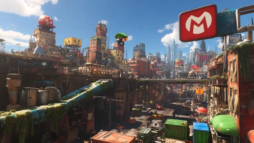 Dense Mario-themed megacity blends retro icons with decay