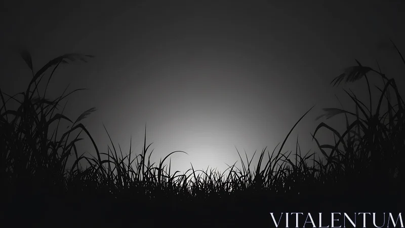 Silhouetted meadow grasses framing a soft grayscale glow.