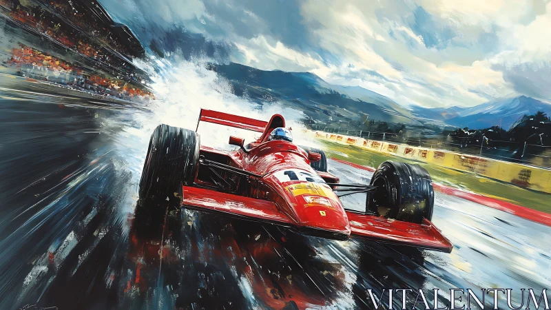 Aerodynamic red formula racer slicing wet circuit surface.