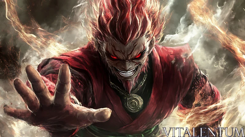 Red-eyed humanoid advances with outstretched hand amid fire