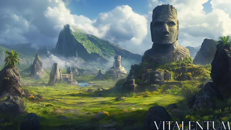 Colossal stone heads overlook lush green mountain valley