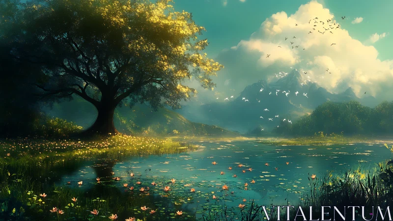 Serene lakeside tree before distant mountains at sunrise.