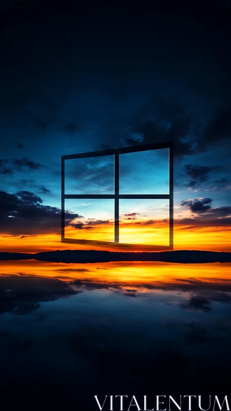 Sunset horizon aligns with glowing tech window silhouette.