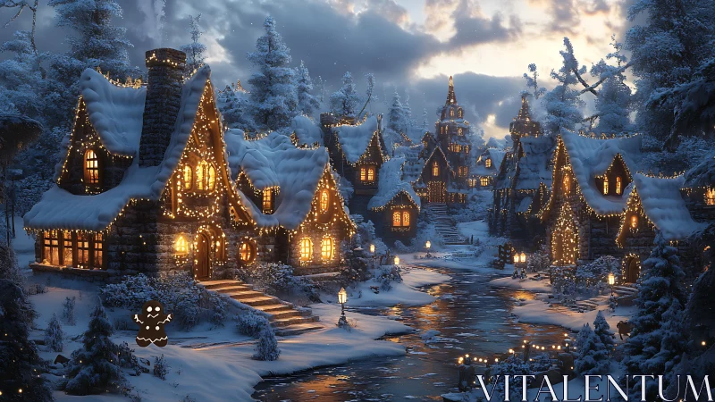 Snowlit gingerbread village glows with warm holiday lights.