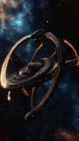 Starlit ringed starship drifts through painted cosmic dusk.