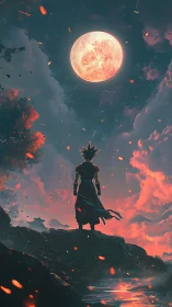 Warrior silhouette under ember moonlit storm sky.