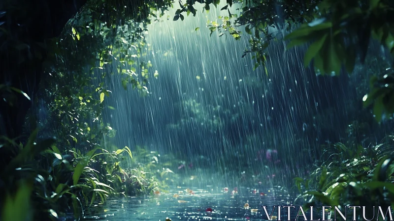 Torrential downpour through verdant canopy creates luminous cascade effect.