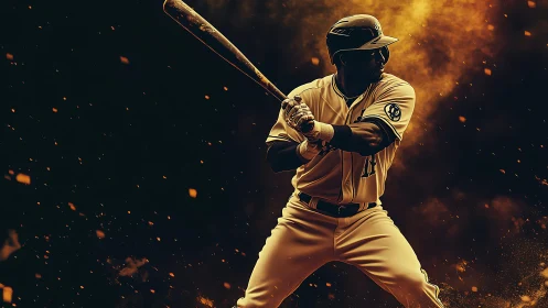 Baseball hitter poised at bat amid dynamic ember-lit backdrop