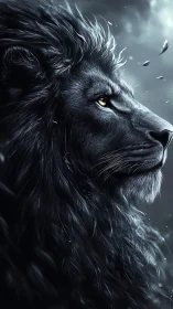 Monochromatic side-profile lion rendered in high-detail digital chiaroscuro.