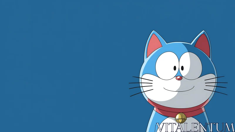 Bright blue cartoon cat smiles warmly on a calm backdrop